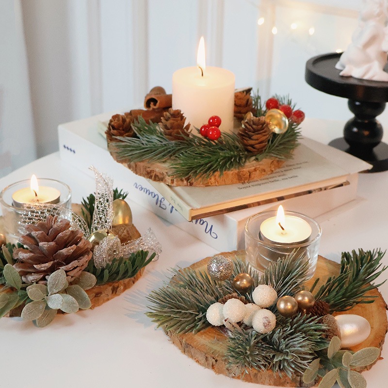 唯美森系蝴蝶结金色铃铛松枝红果松果ins圣诞装饰礼物圆木桩烛台