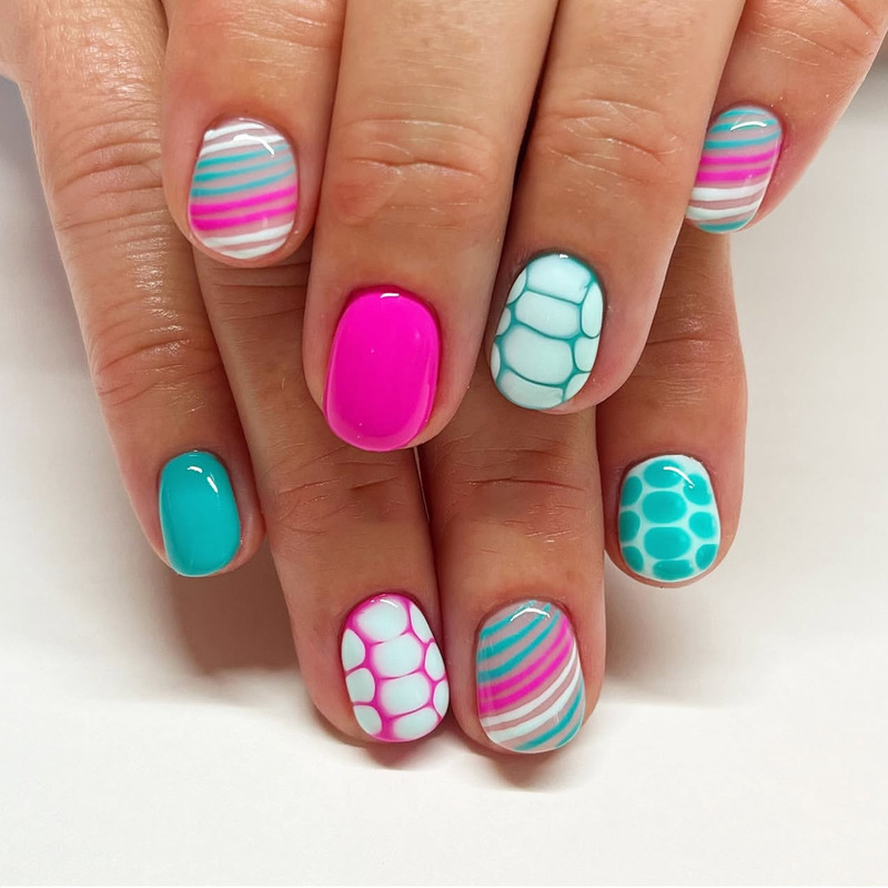 Summer Ocean Wind Pink Blue Crack Line Design Short Square Wear Nail Nail Pieces Foreign Trade Fake Nail Nail Pieces