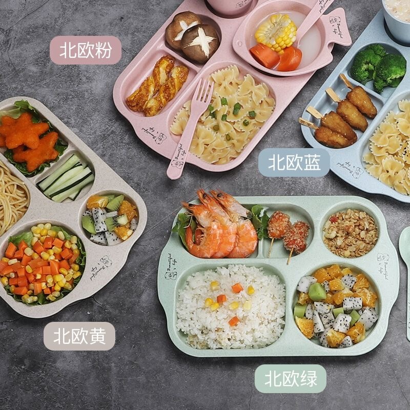 Children's meal tray, kindergarten lunch set, divided compartments, baby-friendly, drop-resistant, tableware set, wheat straw soup bowl and water cup