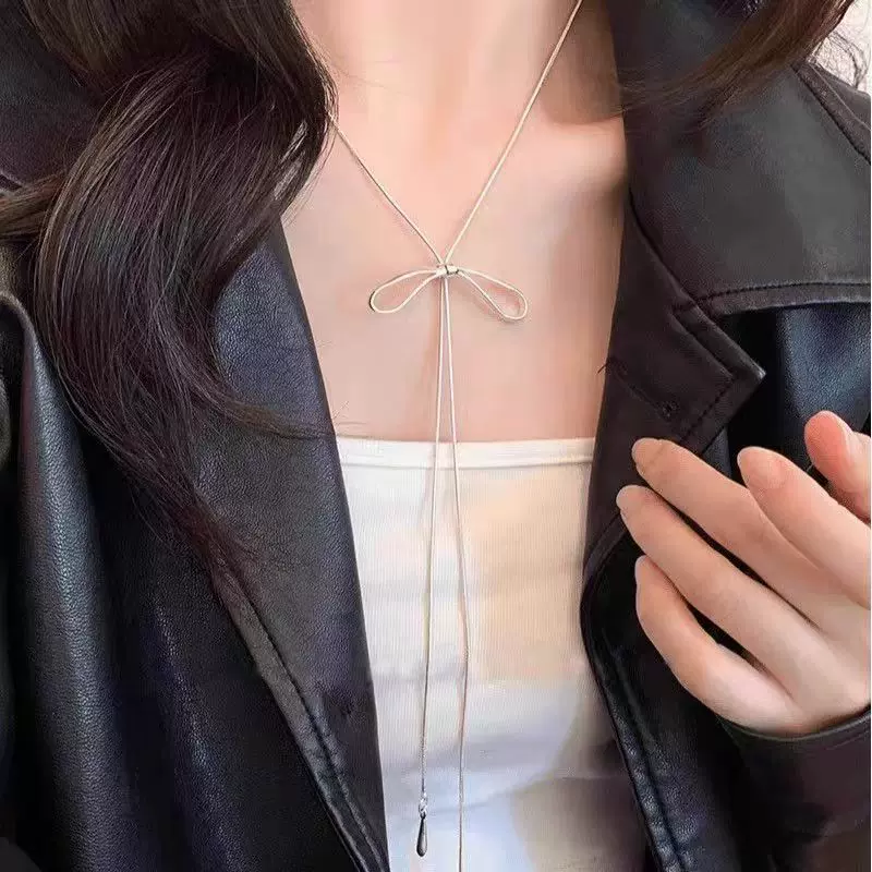 银色蝴蝶结抽拉项链女简约ins冷淡风长款配饰韩系时尚气质锁骨链