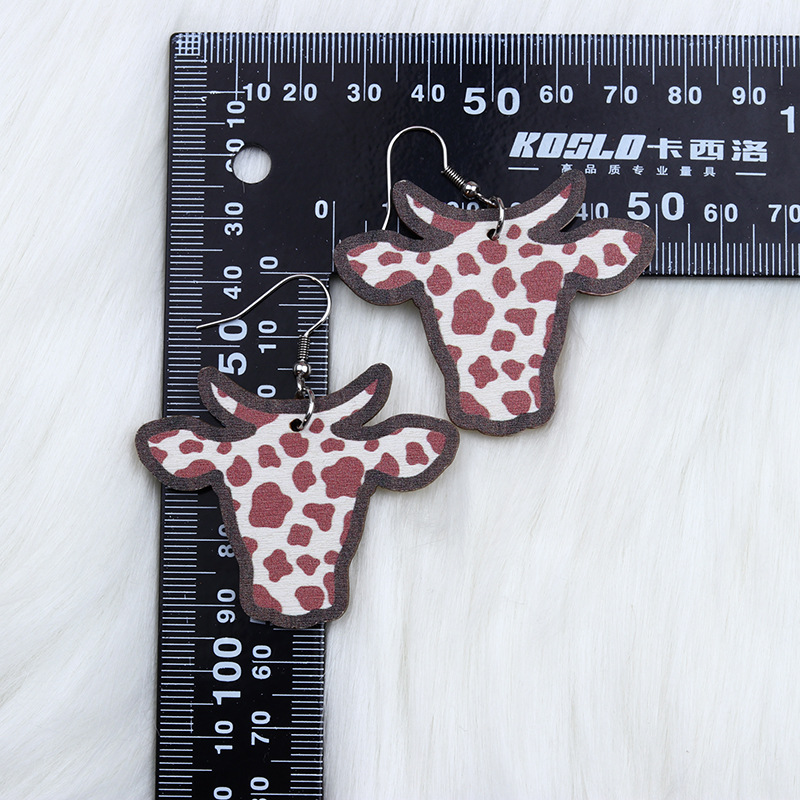 Casual Simple Style Cow Pattern Cattle Wood Printing Women's Drop Earrings Ear Studs display picture 2