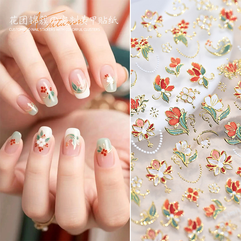 Celebridades de Internet nuevas pegatinas de uñas de racimo de flores chinas flores francesas en relieve decoraciones de uñas de vestir tridimensionales al por mayor