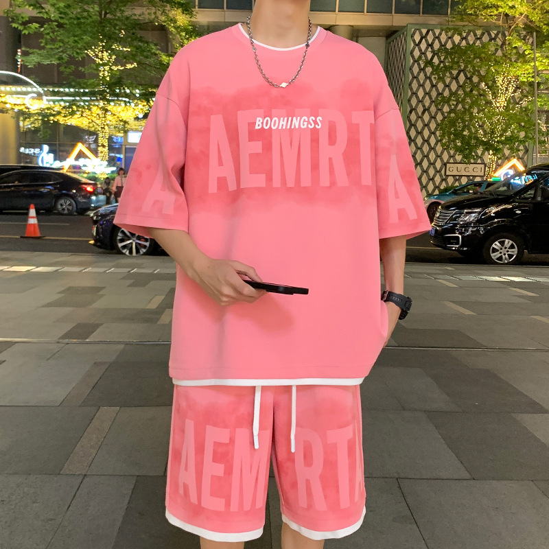 2024 New Hong Kong-style Casual plus size suit Men's Summer Fake Two-piece Tie-dye Short-sleeved Shorts with Two-piece in stock