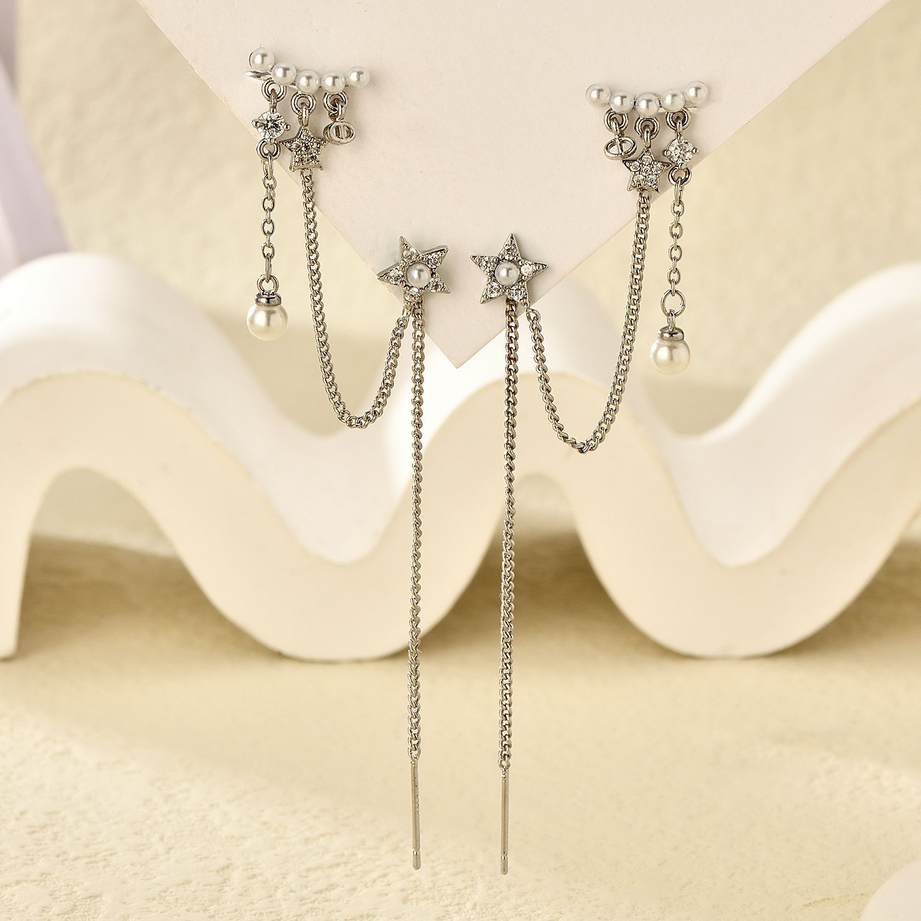 Fairy Style Star Brass Earrings Tassel Artificial Pearls Copper Earrings display picture 3