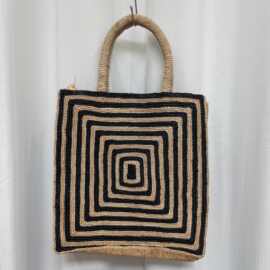 韩版黑白条纹拉菲草大容量单肩手提包出游度假草编托特包编织包女