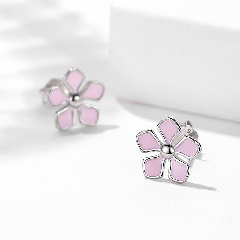 S925 plata esterlina Rosa flor de cerezo Stud pendientes de las mujeres de moda estilo japonés y coreano Mori dulce flor de cinco pétalos pendientes al por mayor