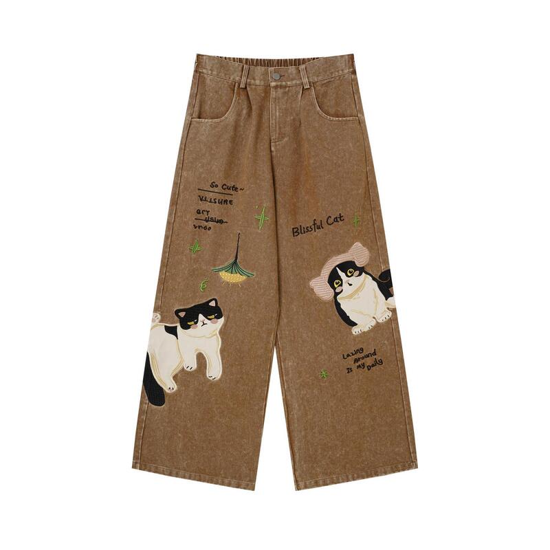 American-style creative retro bath towel cat embroidery jeans, unisex loose-fit, versatile, and stylish work pants designed for couples American-style creative retro bath towel cat embroidery jeans, unisex loose-fit, versatile, and stylish work pants designed for couples