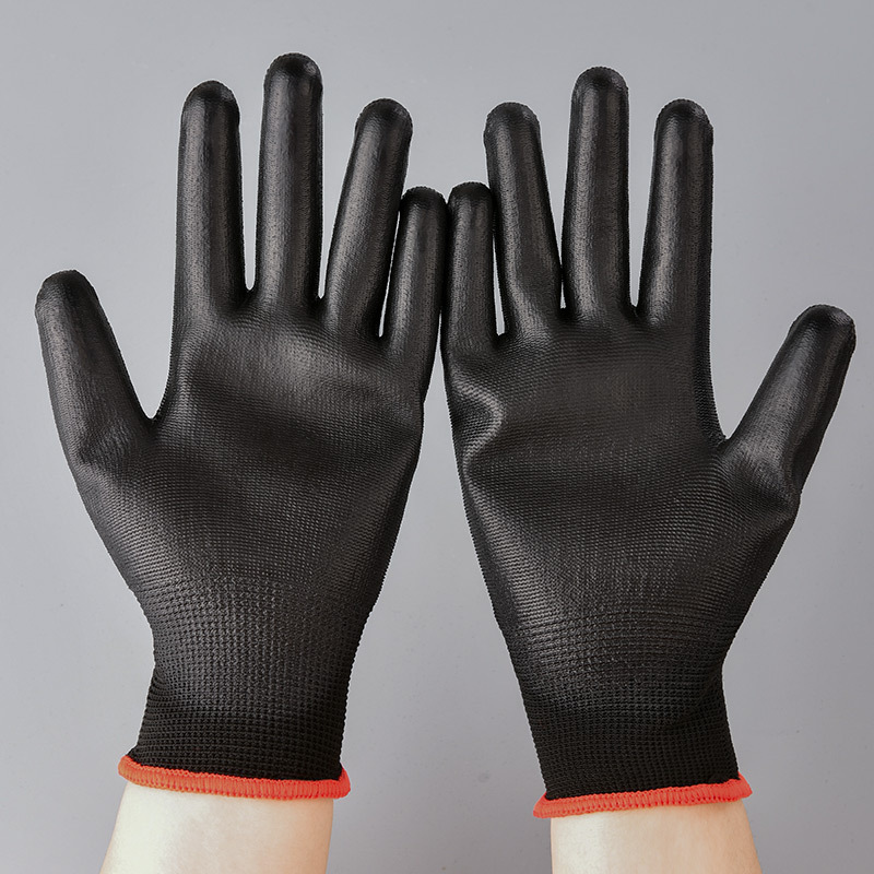 Guantes PU negros de trabajo de nylon PU de dedos de goma de inmersión de palma eléctrica de trabajo seco antideslizante delgado transpirable