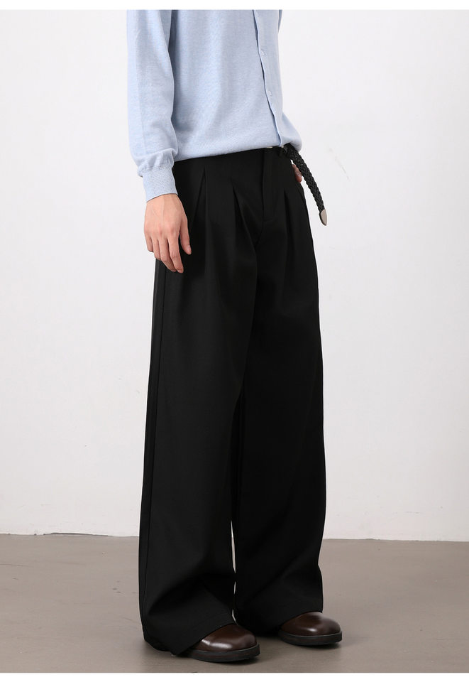 Quần tây nam casual dáng rộng ống suông xếp ly đôi chữ A vải rủ — Màu xám nhạt, màu đen chi tiết 9