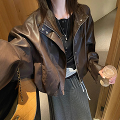 美式复古风自然褶皱柔软肌理机车风小皮衣女2025秋冬新款PU外套