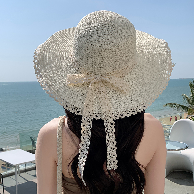 Sombrero de paja con lazo – estilo veraniego, ala ancha, para playa o vacaciones al aire libre
