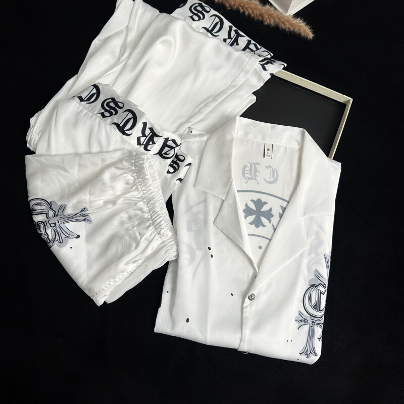 Mk011【Cross Crow】Spring and Summer Couple's Pajamas, Thin Ice Silk, Summer Short-Sleeve, Shorts, and Long Pants Three-Piece Set