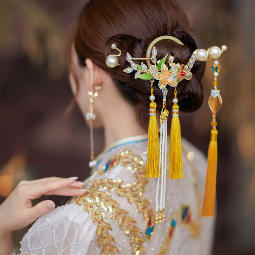 Chinese wedding bridal xiuhe headdress fairy hanfu empress queen cosplay crown gold step wave plate long tassels bun XiuHe tire classical folk bride headdress jewelry