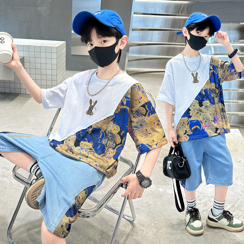 男童夏季花布拼色套装2023中大童韩版时尚两件套儿童夏装潮牌套装