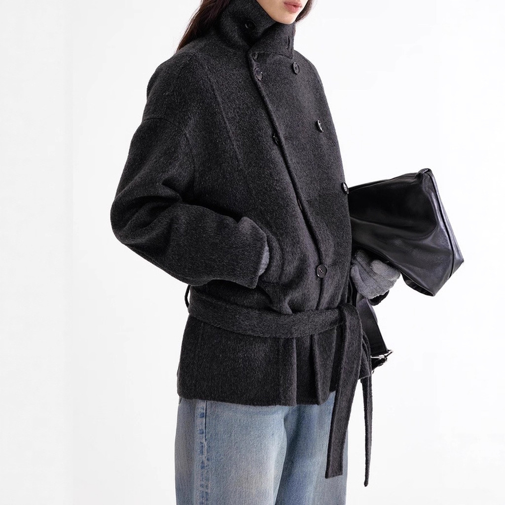 Kim Min-Hee's Same Style Gray High-End Wool and Mulberry Silk Double-Sided Woolen Outwear Autumn and Winter New Stand-Up Collar Woolen Outwear
