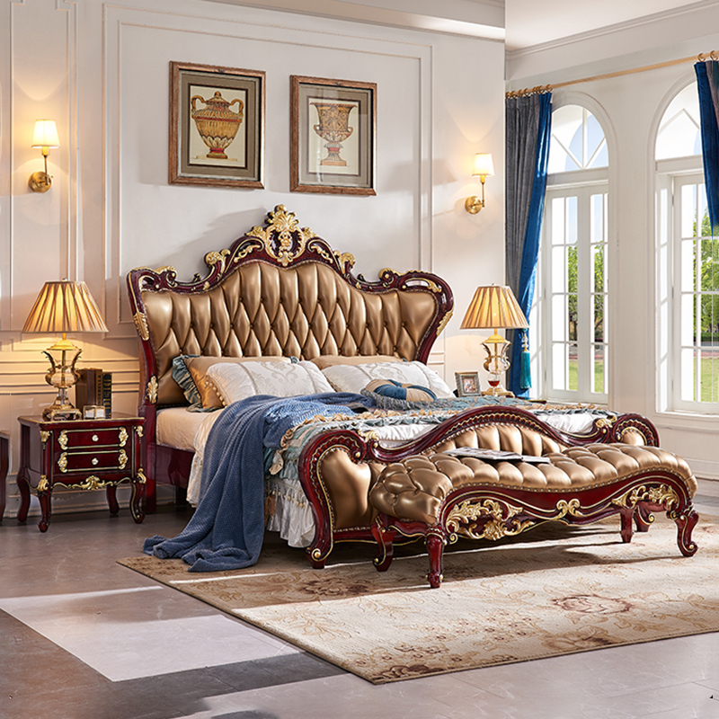 European-style solid wood bed 1.8M first-layer cowhide double wedding bed master bedroom luxury villa red sandalwood furniture suit combination