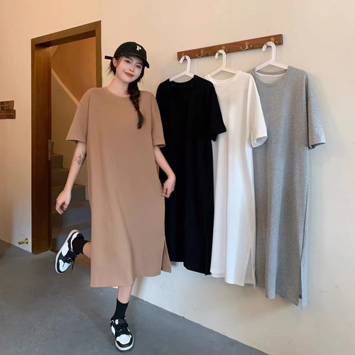 Large size short-sleeved slit dress for women in summer loose solid color mid-length over-knee slit long round neck T-shirt