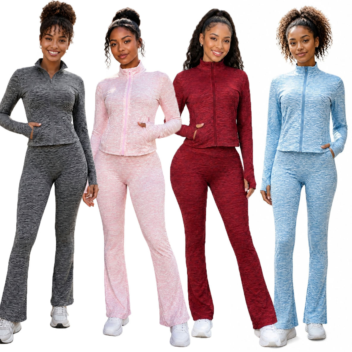 In-stock CM60727 cross-border European and American women's clothing, stand-up collar jacquard high-elastic fabric long-sleeve long-pants two-piece set with thumb holes