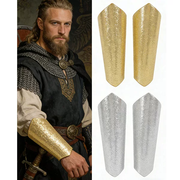 Medieval Silver and Gold Wrist Guards with Smooth Rivets, Leather Armor for Knights, Stage Cosplay Archery Props, Arm Guards
