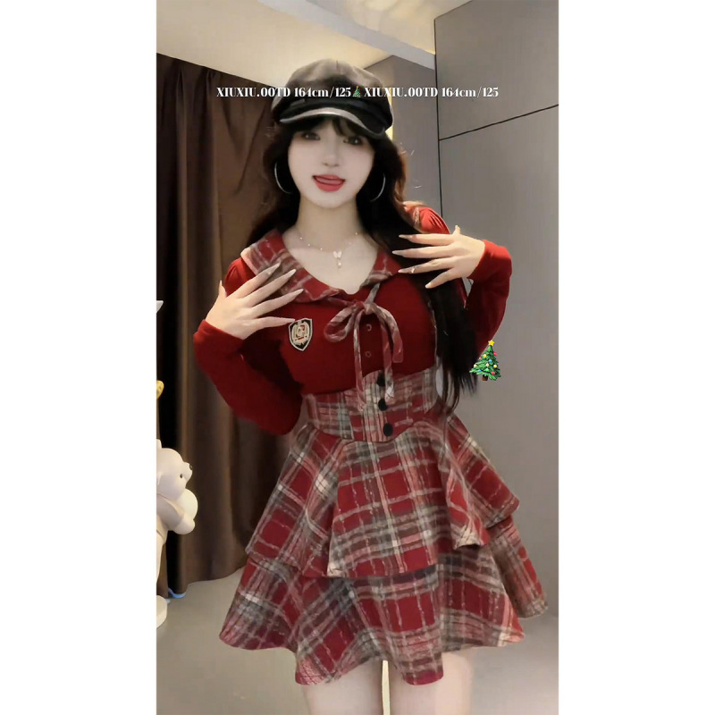 早秋纯欲风jk制服套装女春秋新款拼接衬衫+格纹束腰裙显瘦两件套|undefined
