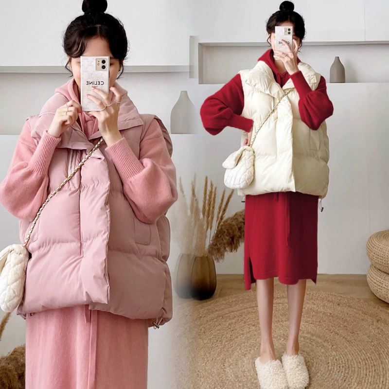 Съемка на месте ~ 2022 осень и зима новая сетка красная беременная мама с капюшоном трикотажное платье + ватный жилет