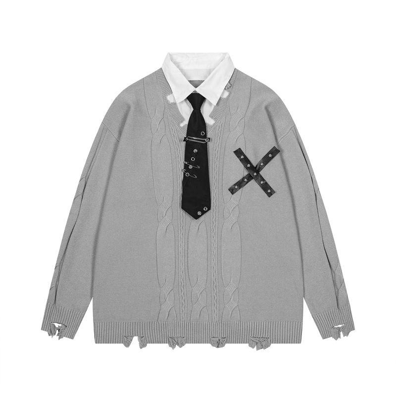 Japanese College Style POLO Tie Stitching Fake Two-piece Sweater Men's and Women's Trendy Brand Loose Couple's Knitted Top Japanese College Style POLO Tie Stitching Fake Two-piece Sweater Men's and Women's Trendy Brand Loose Couple's Knitted Top