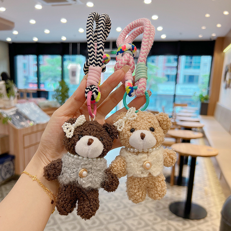 Korean and Japanese Cute Vest Pearl Bow Terry Bear Keychain Cartoon Bag Charm Doll Finished Pendant Korean and Japanese Cute Vest Pearl Bow Terry Bear Keychain Cartoon Bag Charm Doll Finished Pendant
