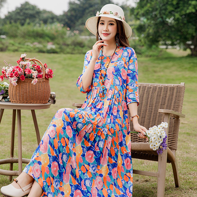 2026 New Style Elegant Dress for Middle-Aged Women, Summer Floral Cotton Long Dress for Women Aged 60 2026 New Style Elegant Dress for Middle-Aged Women, Summer Floral Cotton Long Dress for Women Aged 60