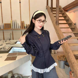 实拍实价~ 双排扣牛仔打褶收腰衬衫通勤花边拼接设计感上衣外套