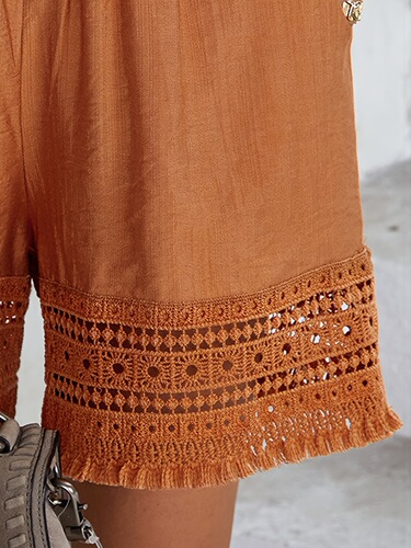 Women's Boho Solid Color Lace Cut out Tassel Pocket Shorts