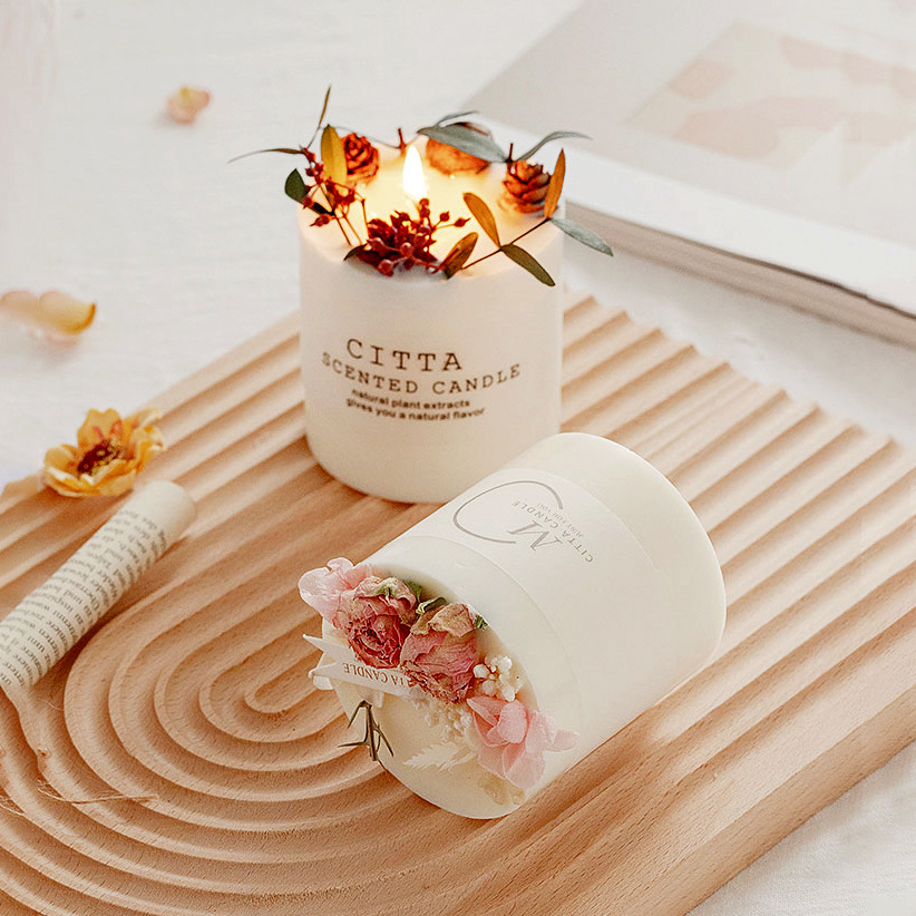 Mori flor seca aromaterapia vela al por mayor hecha a mano de cera de soja fragancia decoración romántica libre de humo incienso regalo