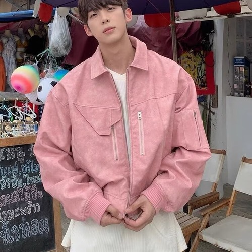 Vintage American-style distressed color jacket for men and women, spring and autumn zipper decoration PU leather coat outerwear, men's high-end top