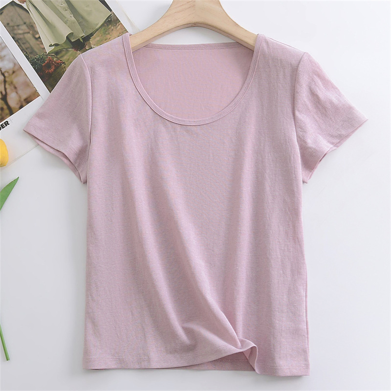 2025年新品丝光亚麻天丝莱赛尔U领短袖T恤女夏季凉感纯色宽松上衣