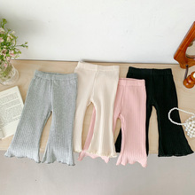 一件代发 ins女童秋装新品纯色坑条棉长裤婴儿宝宝休闲喇叭打底裤