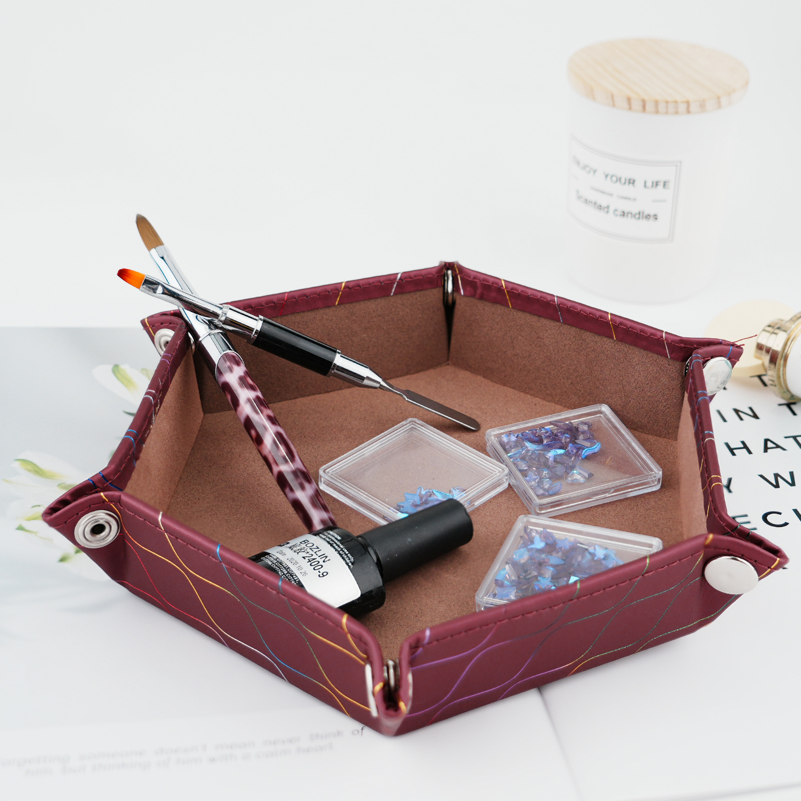 Transfronterizos para la nueva cesta de almacenamiento de cuero pu, bandeja de almacenamiento de escritorio, tela de lana de alta calidad, bandeja de manicuras al por mayor