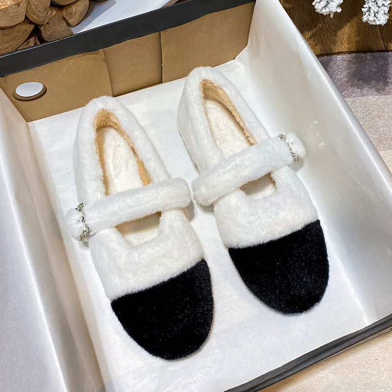 Женские меховые туфли для зимней одежды 2025: новые зимние лоферы с плюшевой подкладкой, слипоны на плоской подошве из хлопка, большие размеры 41–43.