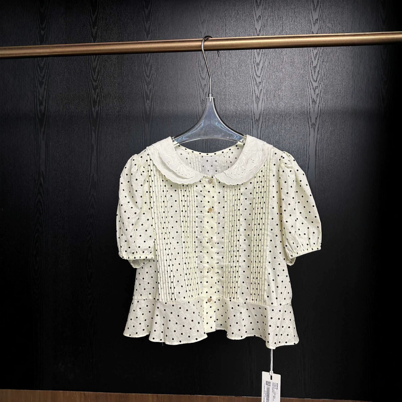 Dtwo2026 New Summer Style Sweet and Cute Lace-Up Doll Collar Polka Dot Shirt Thirteen-Line Casual Top 6221