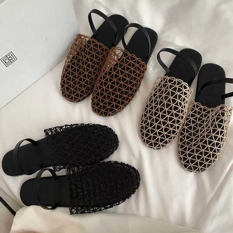 In-Stock European and American Fishnet Woven Hollow Roman Sandals for Women, New Summer Style Fisherman Flat Round-Toe Closed-Toe Half-Slippers