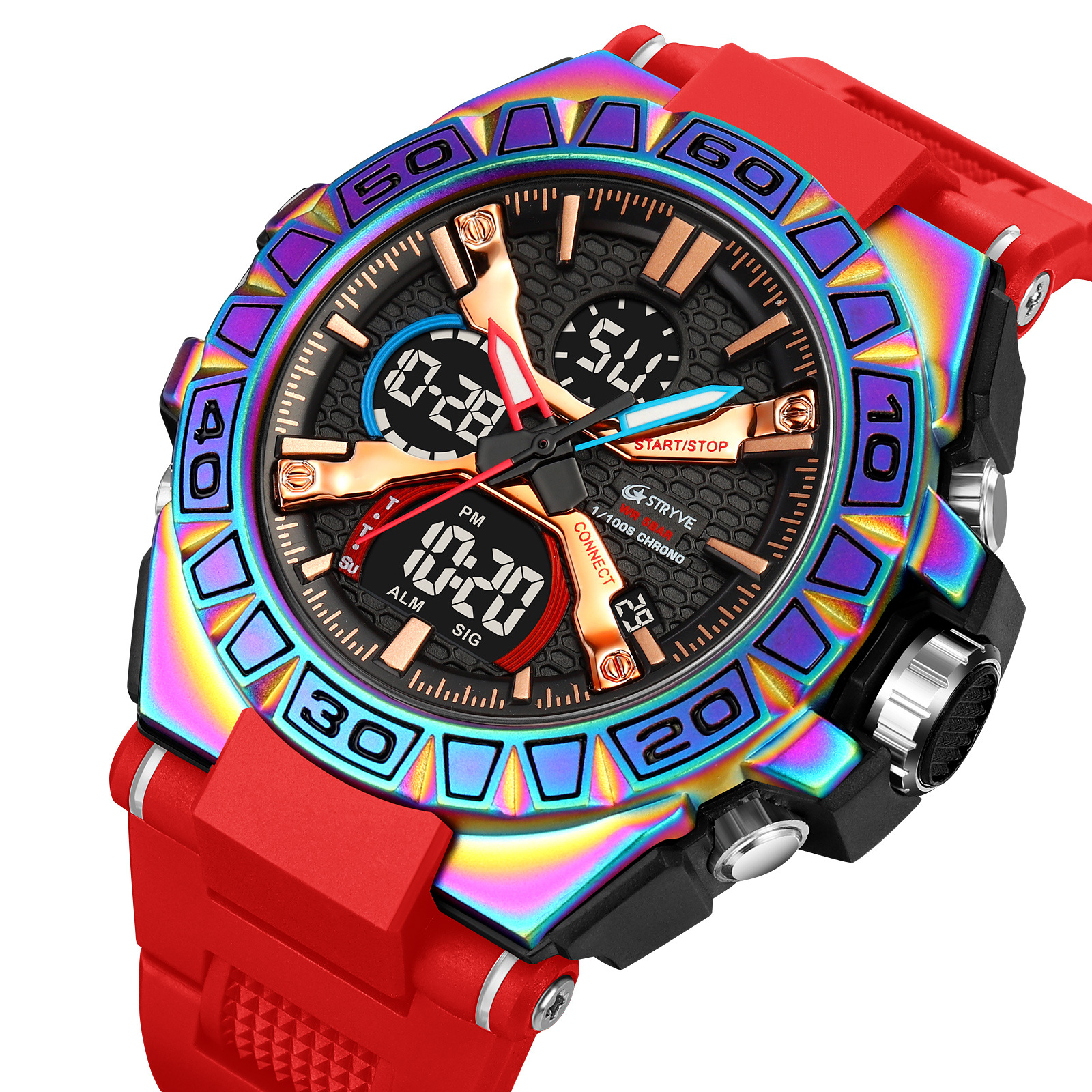 STRYVE nueva personalidad de moda estilo deportivo colorido reloj electrónico luminoso impermeable cronógrafo multifunción 8026