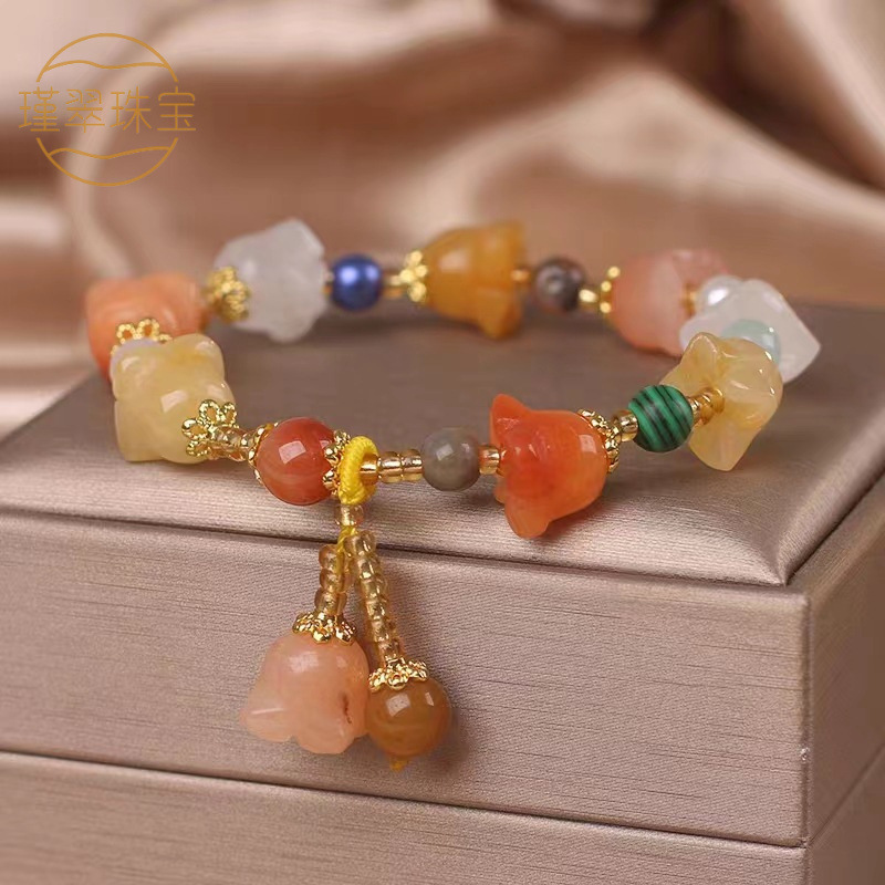 Pulsera de seda dorada con cuentas de lirio de los valles, pulsera de estilo étnico para mujer, pulsera de amistad de lujo ligero, joyería para transmisión en vivo.