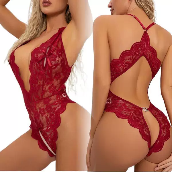 Foreign Trade European and American Sexy Lingerie New Large Size Lace Temptation Open Crotch Sexy Backless No-Take-Off Jumpsuit Wholesale