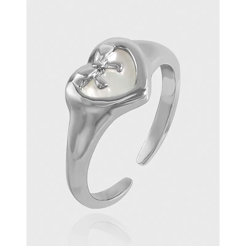 JZ365韩版INS小众设计母贝心形爱心纯银戒指S925高级感蝴蝶结指环