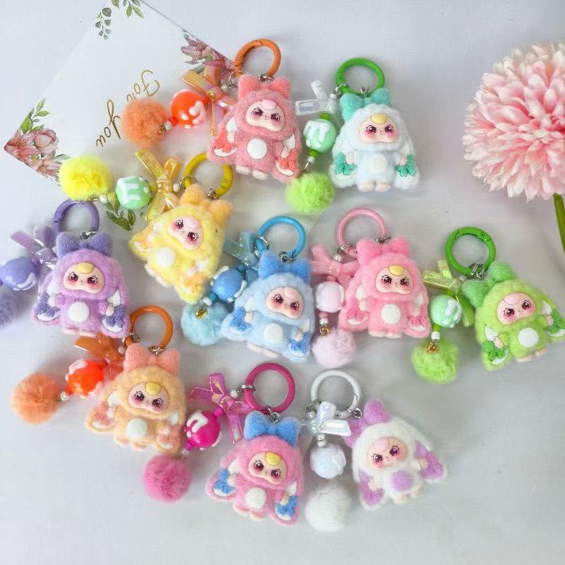 Cute Flocked Doll Three-Year-Old Big-Eared Rabbit Doll Keychain Wholesale Girls Gift Bag Pendant Creative Keychain