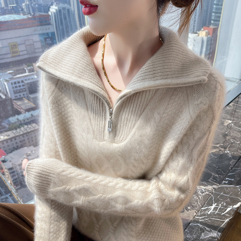 New Autumn and Winter Wool Sweater for Women with a Turn-Down Collar and Zipper, Loose Cashmere Knit Base Layer, Thickened Women's Top