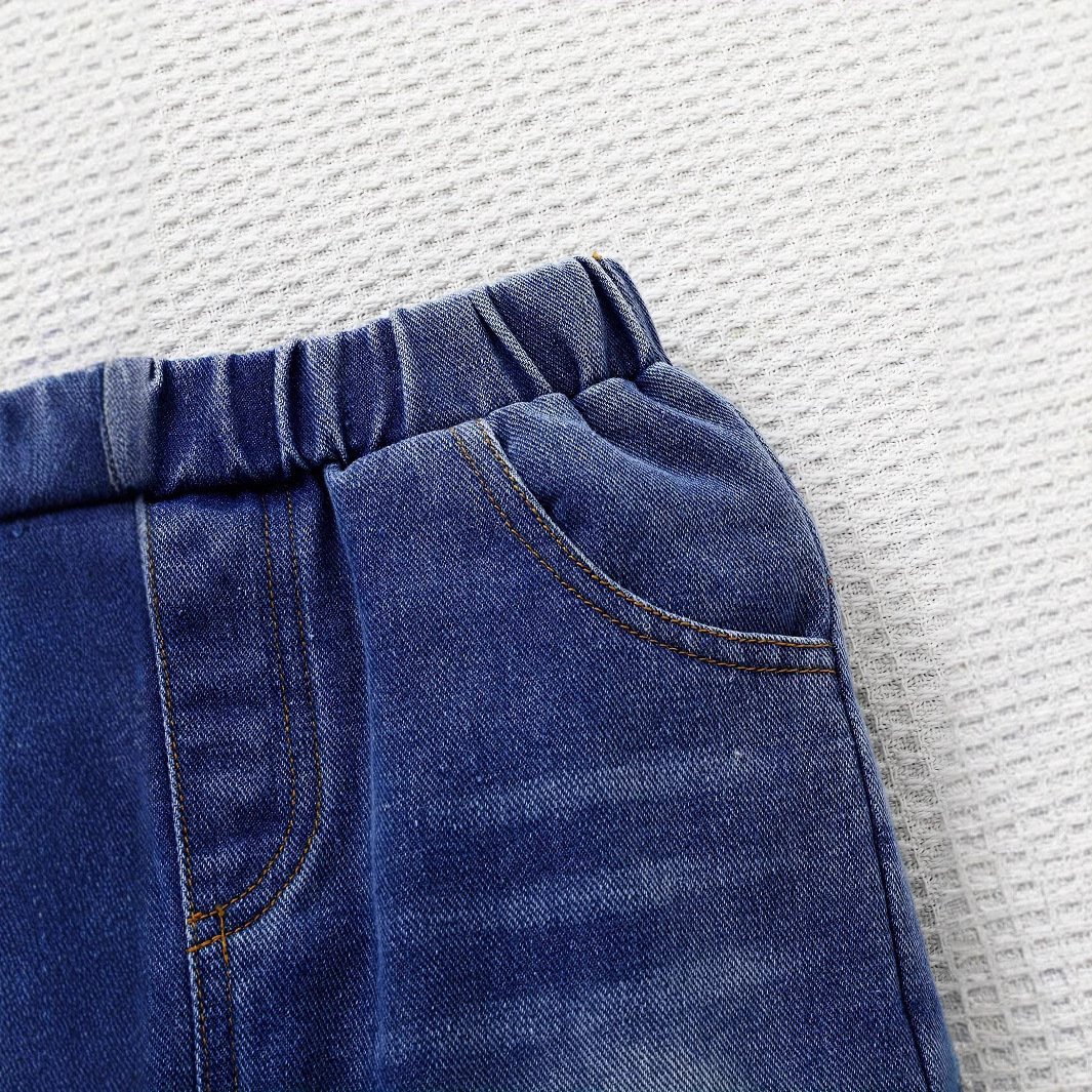 투피스 소년 줄무늬 코끼리 테이퍼 자수 크루 넥 긴 소매 스웨터 느슨한 허리 및 비스듬한 포켓 캐주얼 청바지