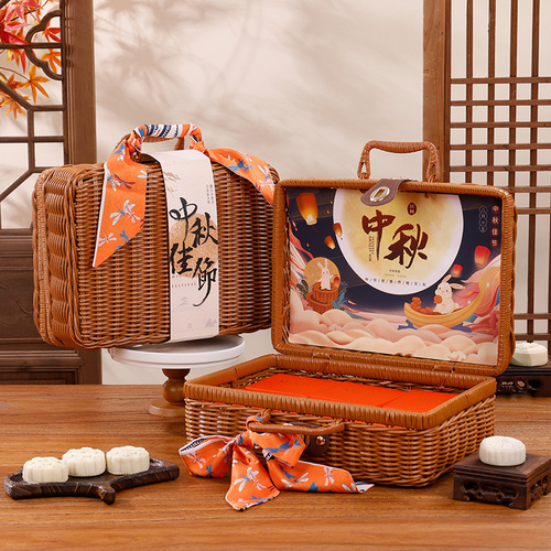 Creative Vine Woven Hand-held Mooncake Box for Hotel Group Buying, Mooncake Packaging for Mid-Autumn Festival, Wholesale Mid-Autumn Festival Gift Box 2024