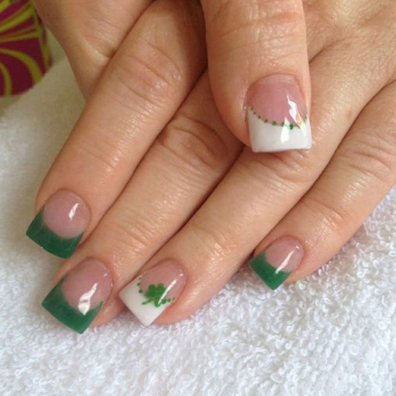 Simple Green Wave Dot French San Pa Clover Nail Pieces Wear Armor Short Square Cross-border Foreign Trade Nail Pieces Simple Green Wave Dot French San Pa Clover Nail Pieces Wear Armor Short Square Cross-border Foreign Trade Nail Pieces