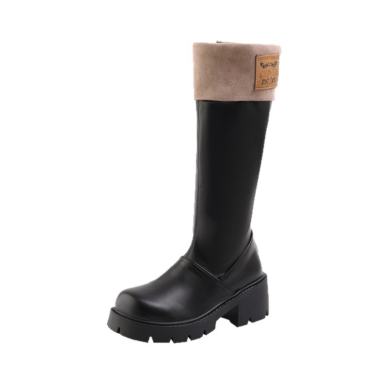 Damen-Winterstiefel mit Fleecefutter, figurformend, Oberschenkelhoch, Übergröße, Blockabsatz, Patchwork-Absatz, Reitstiefel mit mittelhohem Absatz, schmale Passform_voghion.com