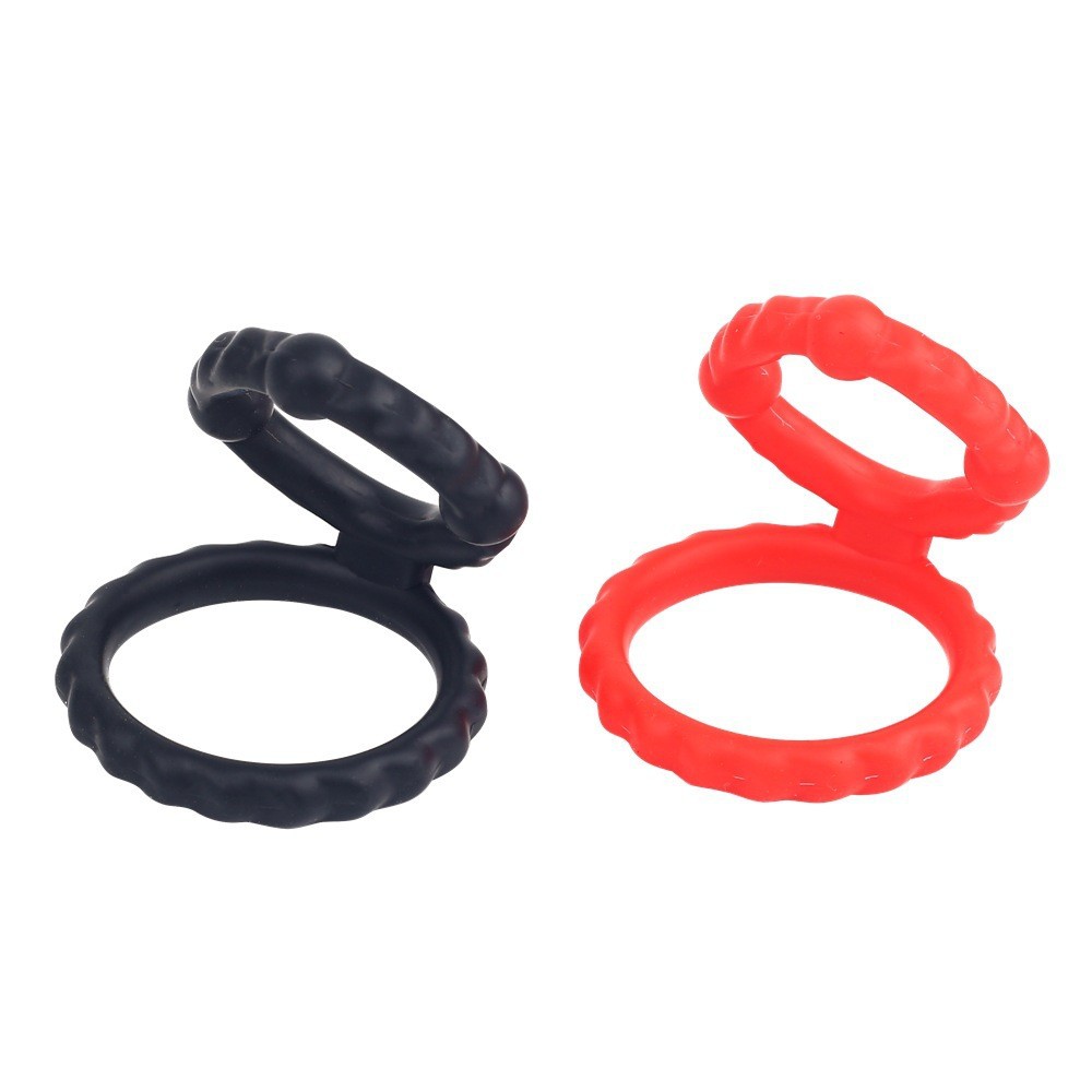 Locking Double Ring Silicone Delay Cock Ring, Black, Non-vibrating — detail image 3