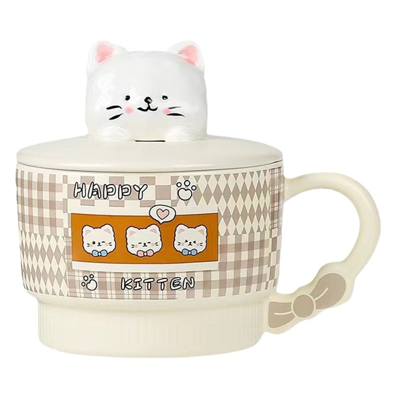 Creativo lindo gato de dibujos animados Taza de cerámica de alto aspecto taza de desayuno con tapa cuchara taza de avena con mano regalo taza de agua